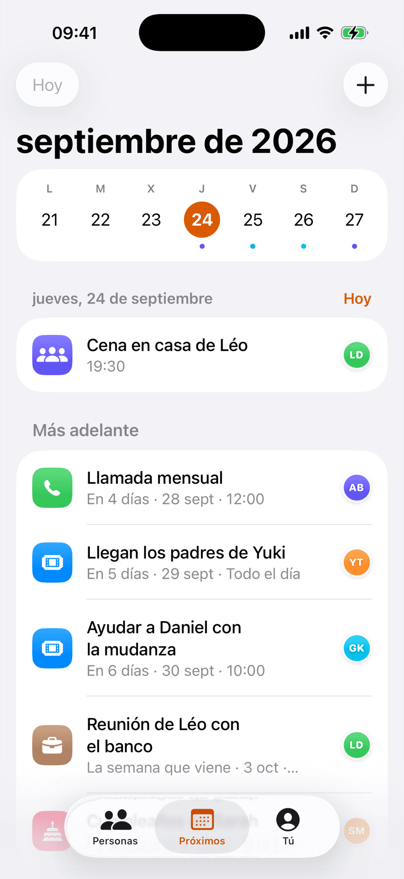 La pestaña Próximos: la semana actual y todos los planes que vienen