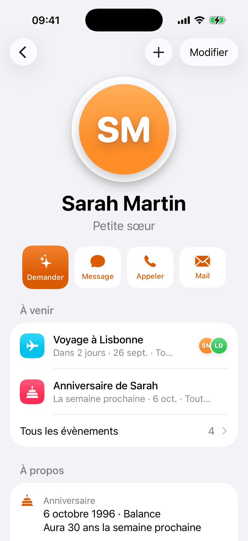 La page de Sarah : son sticker, ce qui arrive bientôt et les actions rapides